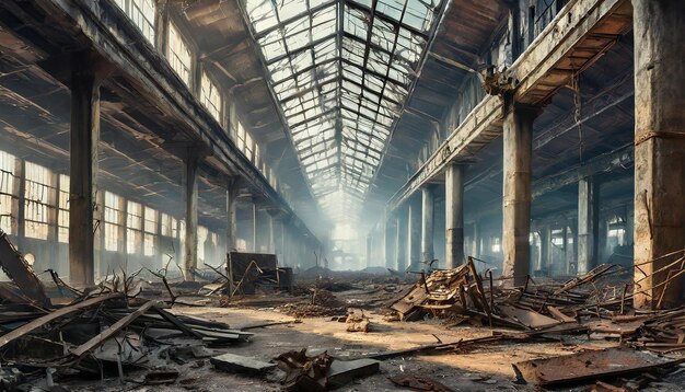 Postapocalyptic ruined industrial hall with debris of lost factory Old abandoned factory