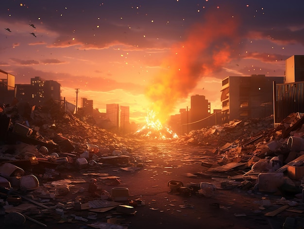 Постапокалиптическая сцена Заброшенный мусор и взрыв заката в заброшенном городе
