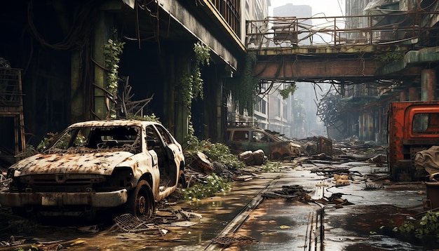 postapocalyptic scene of a once large and bustling city Lots of vegetation taking over the city
