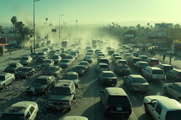 Photo postapocalyptic scene with cars on a highway