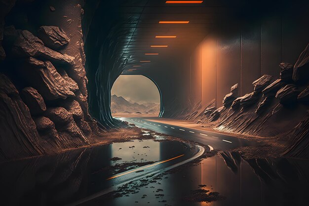 Postapocalyptic tunnel after rain with orange radioactive dust Neural network AI generated