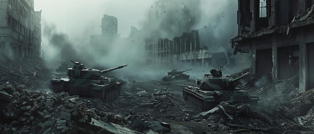 Postapocalyptic vision of war with tanks amidst the ruins under a smokefilled sky evoking desolation and conflict