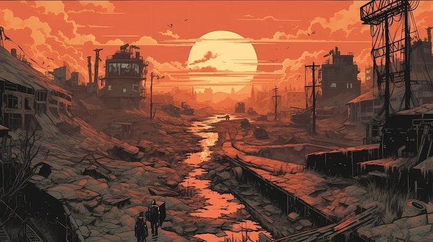 Postapocalyptic wasteland comic book art style digital art illustration generative AI