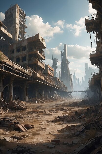 Photo a postapocalyptic wasteland with remnants of a oncethriving civilization
