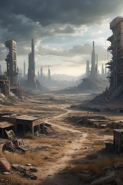 Photo a postapocalyptic wasteland with remnants of a oncethriving civilization