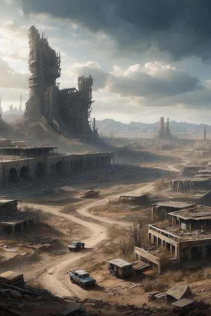 A postapocalyptic wasteland with remnants of a oncethriving civilization