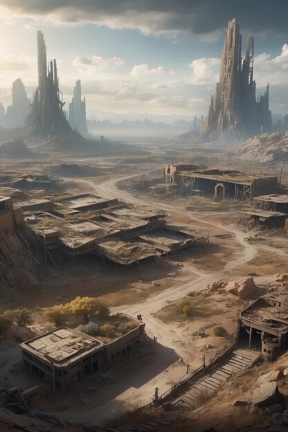 A postapocalyptic wasteland with remnants of a oncethriving civilization