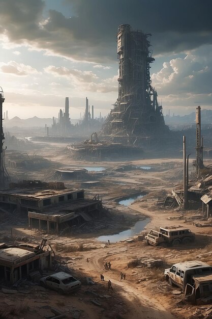 A postapocalyptic wasteland with remnants of a oncethriving civilization