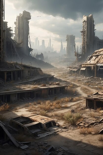 A postapocalyptic wasteland with remnants of a oncethriving civilization