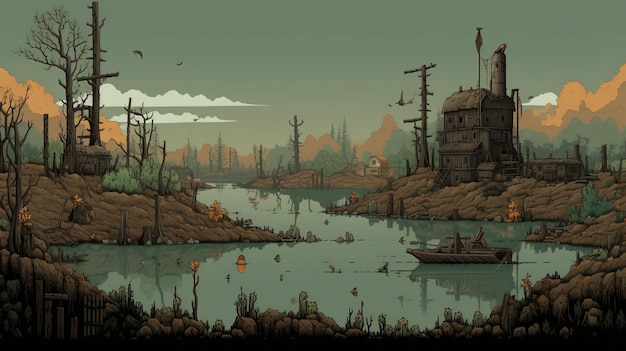 Postapocalyptic Wetland In 16bit Pixel Art Style