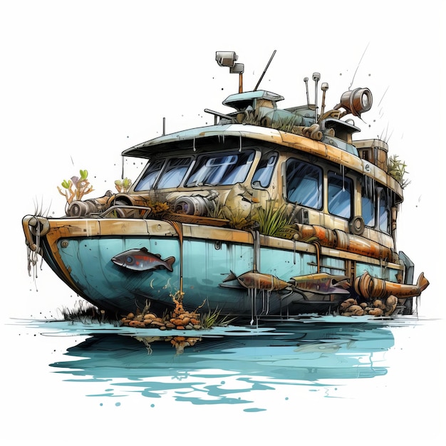 Photo postapocalyptic yacht illustration detailed colorful and caricaturelike