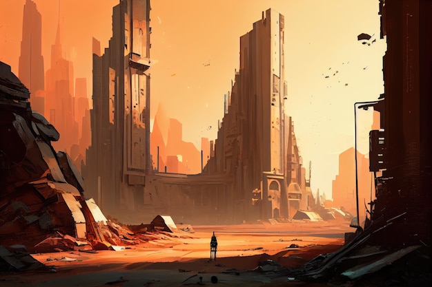 Postapocalyptisch stadsgezicht met torenhoge wolkenkrabbers en afbrokkelende ruïnes gemaakt met generatieve AI