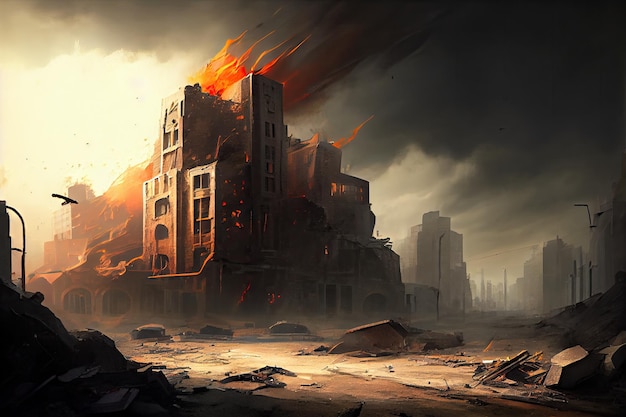 Postapocalyptische stad met rook die opstijgt uit de ruïnes van een verwoest gebouw en zichtbare vlammen