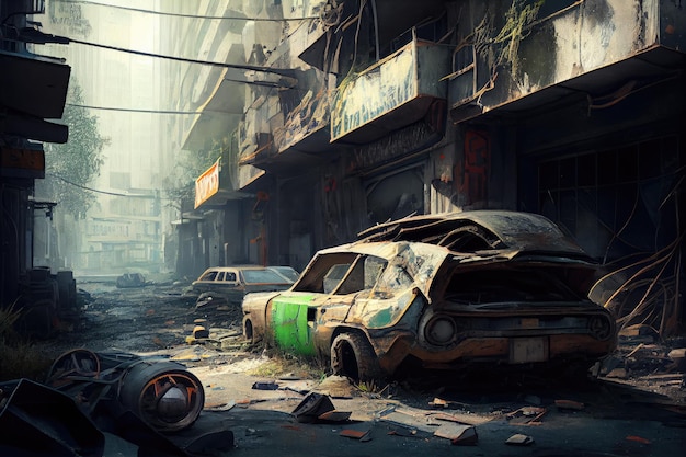 Postapocalyptische stad met verlaten voertuigen en puin verspreid over de straten