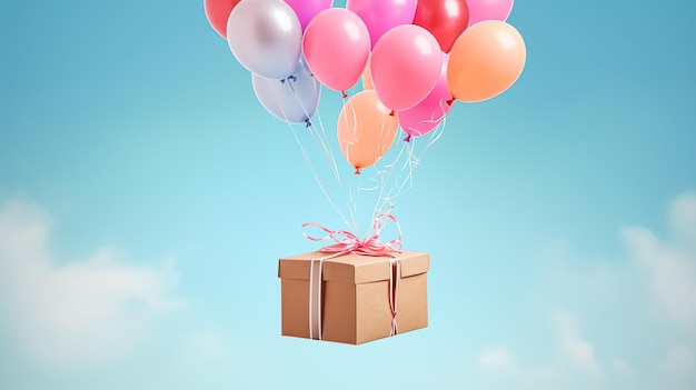 Postbezorging en online winkelen vliegende ballonnen met een pakketdoos postprocessed generatieve ai