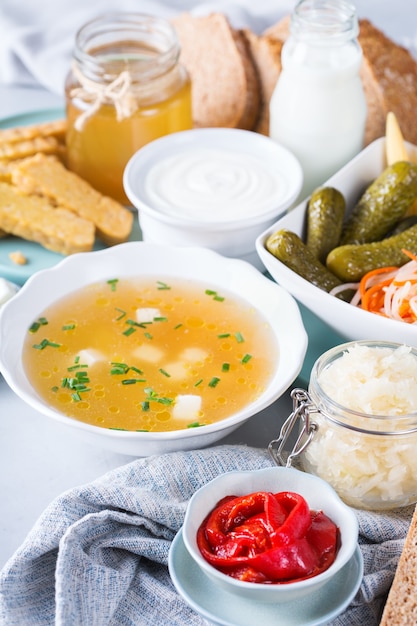 Postbiotics - metabolites and cell-wall components from probiotics, functional food. Tempeh, kombucha, sauerkraut, pickles, kefir, yogurt, miso soup, soft cheese, sourdough bread