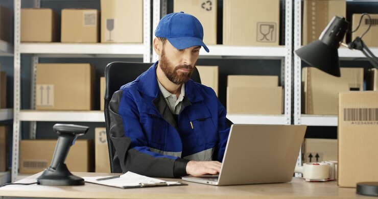 Postbode met pet werken op zijn laptop