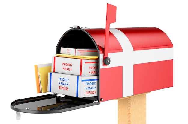 Postbus met Deense vlag met pakketten enveloppen binnen Verslag in Denemarken concept 3D-rendering geïsoleerd op witte achtergrond