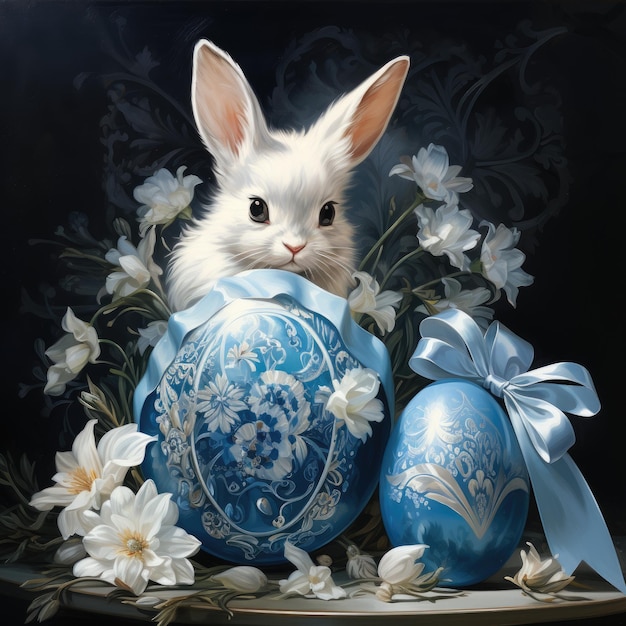 Postcard art fantasy Easter blue egg like Faberge in the rays of light decor