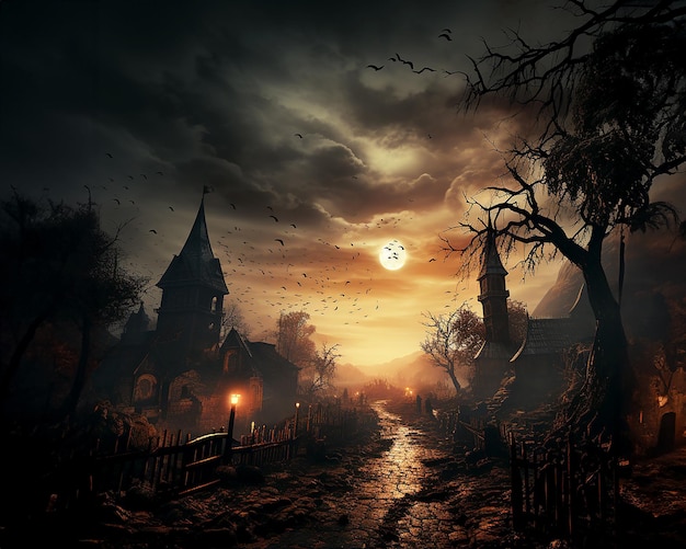 Postcard banner with Halloween holiday night scary landscape Illustration generated by AI