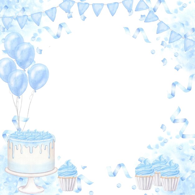 写真 ポストカード少年誕生日招待状ケーキ風船フラグ手描き水彩イラスト分離