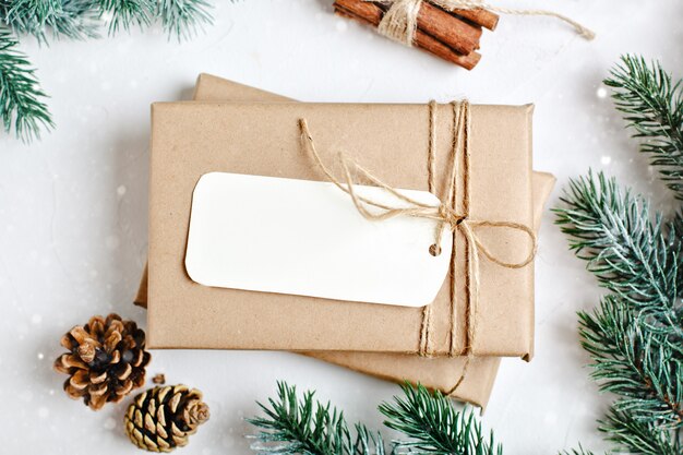 postcard and branches of a Christmas tree