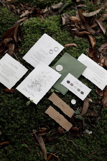 Postcard envelope and card on wedding printing on the background with grass and moss