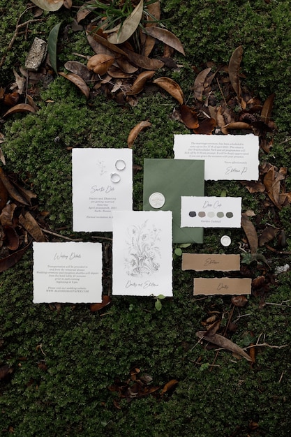 Photo postcard envelope and card on wedding printing on the background with grass and moss