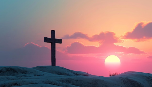 a postcard featuring a 3D minimalist cross against a backdrop of a serene sunset
