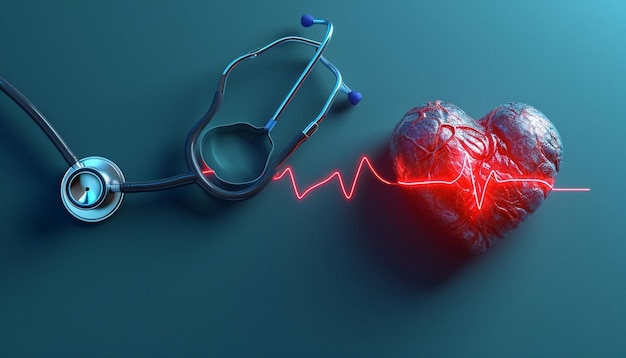 Photo a postcard featuring a 3d stylized heartbeat line intertwined with a stethoscope