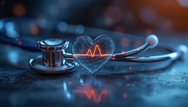 Photo a postcard featuring a 3d stylized heartbeat line intertwined with a stethoscope