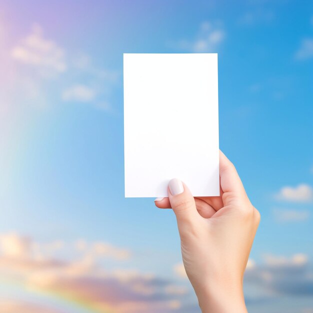 Postcard mockup in female hands on the background of nature