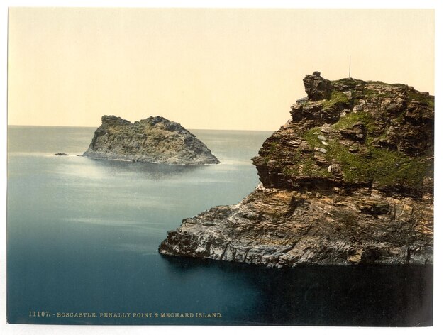 Photo a postcard of a rocky island with a green island in the water