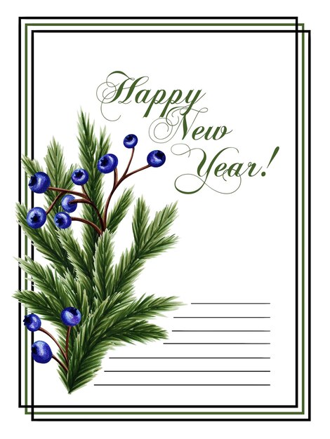 Postcard template with hand drawn blueberries _ spruce branches and created with Happy New Year text