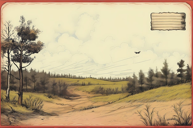 Открытка Винтажный пейзаж с деревьями и травой в векторной иллюстрации в стиле ретро