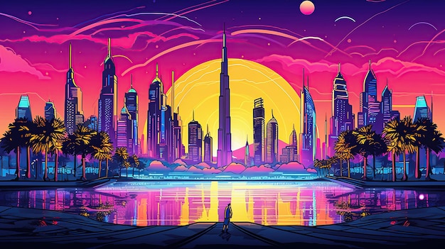 Postcard with Dubai neon style Used to banner posters postcards music festivals