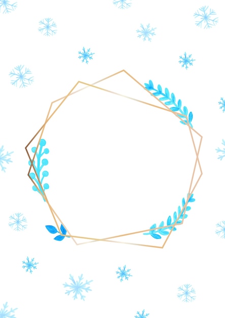 青い葉、枝、雪片と金色の冬のフレームのポストカード。花のデザイン要素。結婚式の招待状、クリスマスや年賀状、ポスター、版画に最適
