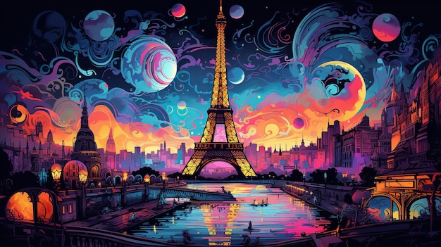 Postcard with night Paris the Eiffel Tower neon style Used to banner posters postcards