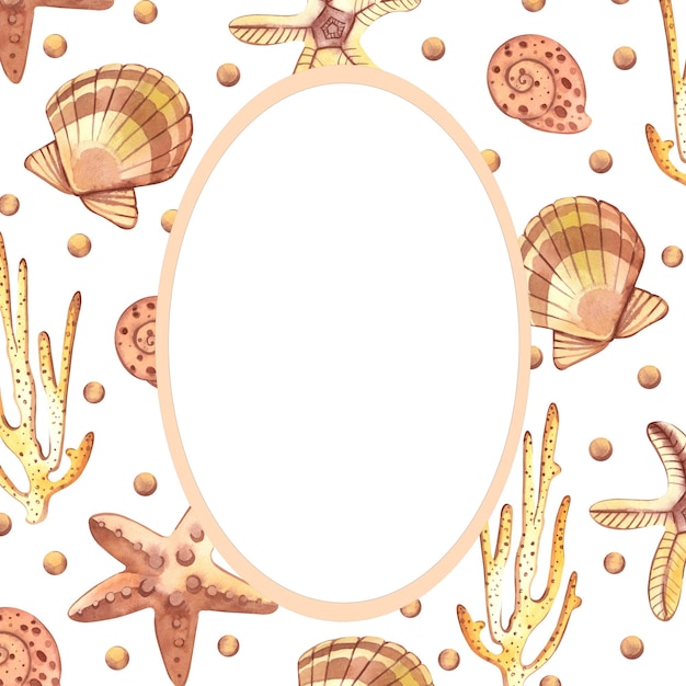 Postcard with sea mollusks and an oval frame for a signature All elements are hand painted