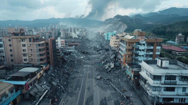 Photo postearthquake urban devastation collapsed buildings and deserted streets