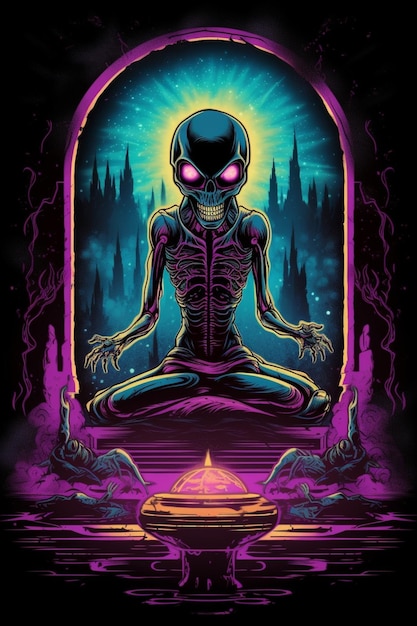 A poster of a alien sitting in a lotus position with purple eyes.