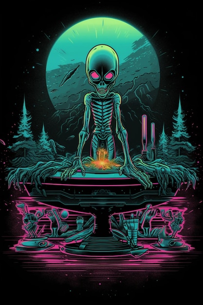 A poster for an alien sitting on a table