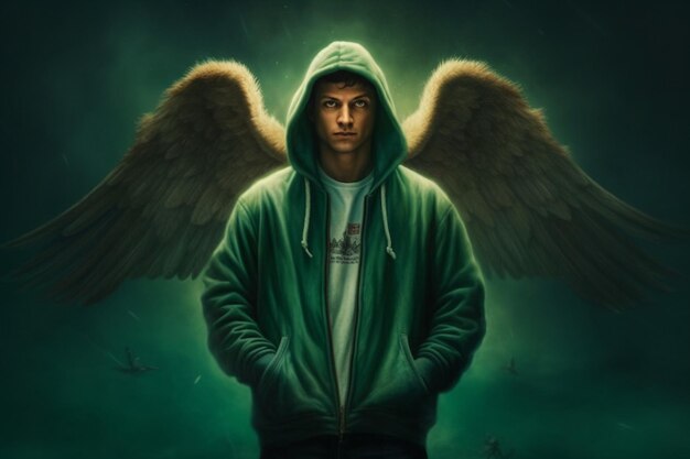 A poster for angels shows a man wearing a green h