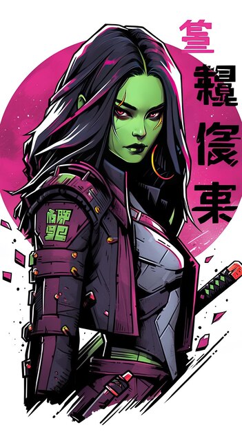 Photo a poster for a anime character with a green face and a pink background with chinese writing.