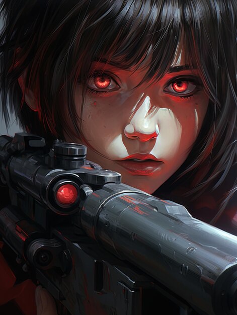 a poster for a anime character with a red light on the face
