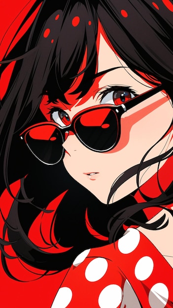 a poster for a anime girl with sunglasses and a red background