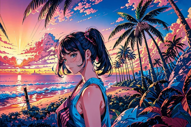 A poster for a anime girl with a tropical beach in the background