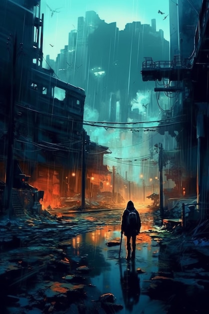 A poster for the apocalypse shows a person walking in the rain.