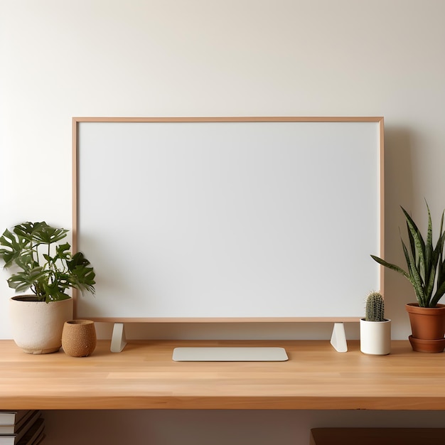 poster art mockup groot formaat en horizontaal op tafel versierd met potplanten