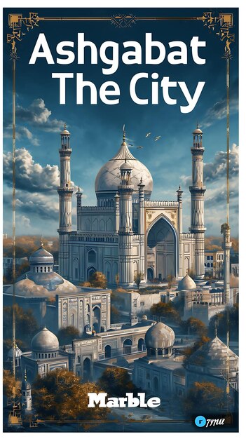 Photo poster of ashgabat text and slogan the marble city with a futuristic c illustration layout design